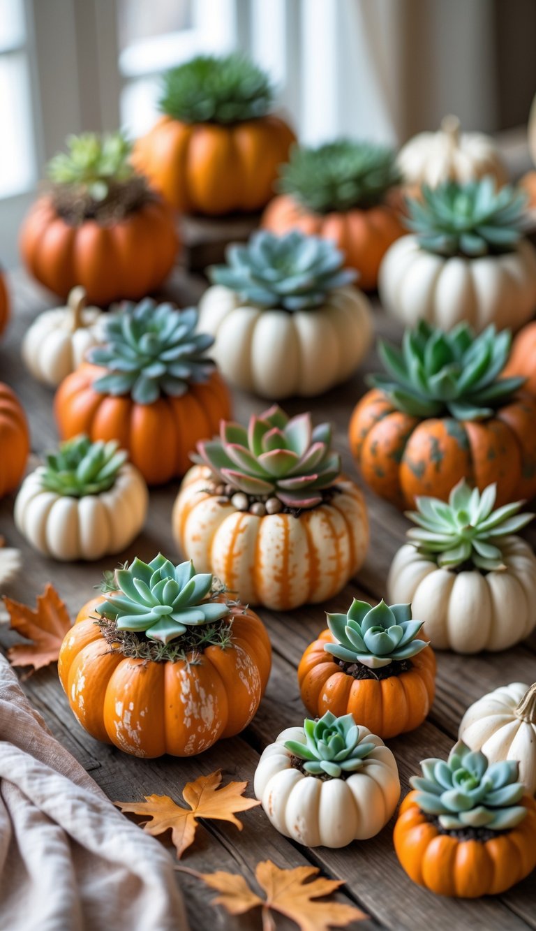 A collection of small pumpkin-shaped planters holding green succulent plants arranged on a wooden table with autumn decorations.